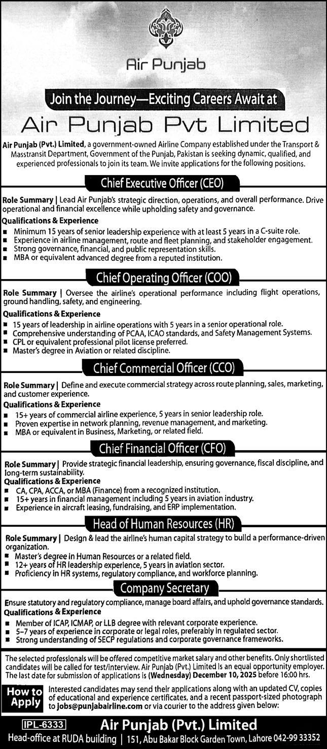 Air Punjab Jobs 2025 For Chief Executive Officer & CFO