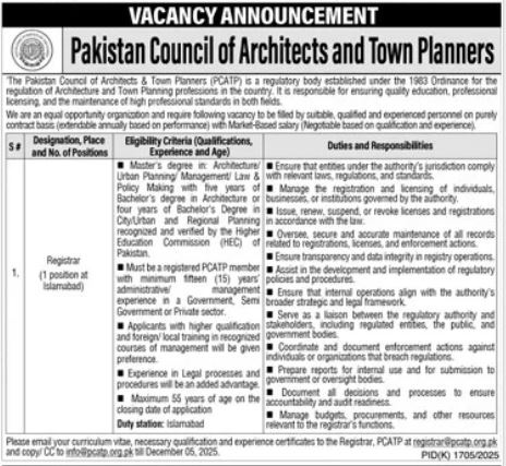 Pakistan Council of Architects & Town Planners PCATP Jobs 2025